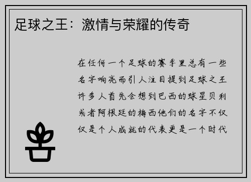 足球之王：激情与荣耀的传奇