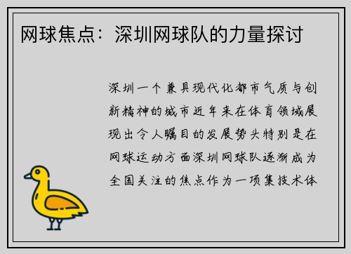 网球焦点：深圳网球队的力量探讨