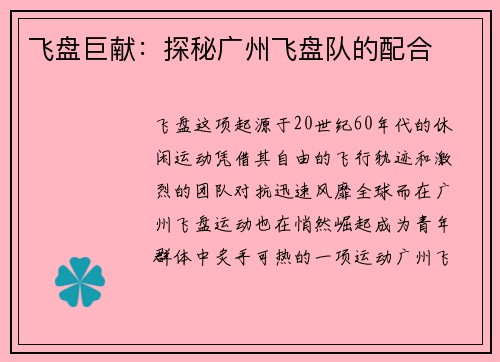 飞盘巨献：探秘广州飞盘队的配合